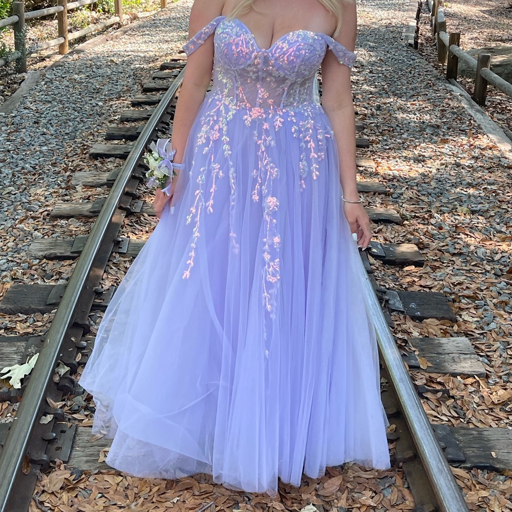 Lavender Off-Shoulder Gown with Floral Embroidery